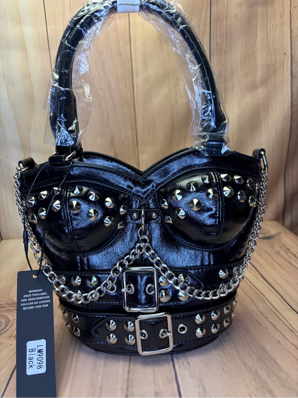 Black Studded Faux-Leather Satchel with Chain Accents